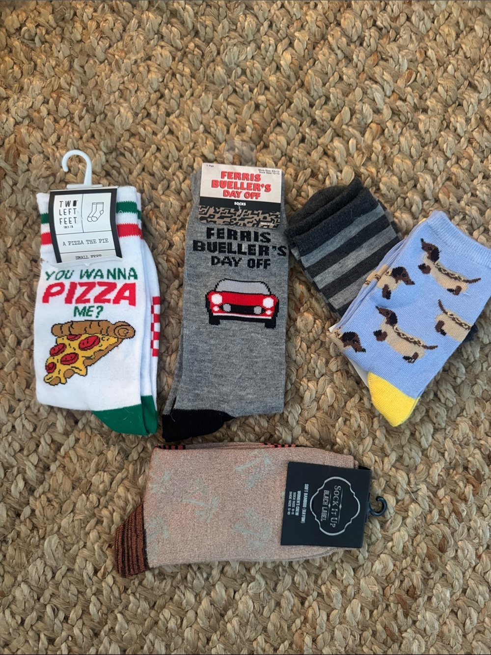 Pizza palm tree Weiner dogs Ferris bueller’s day off Novelty Crew Socks bundle